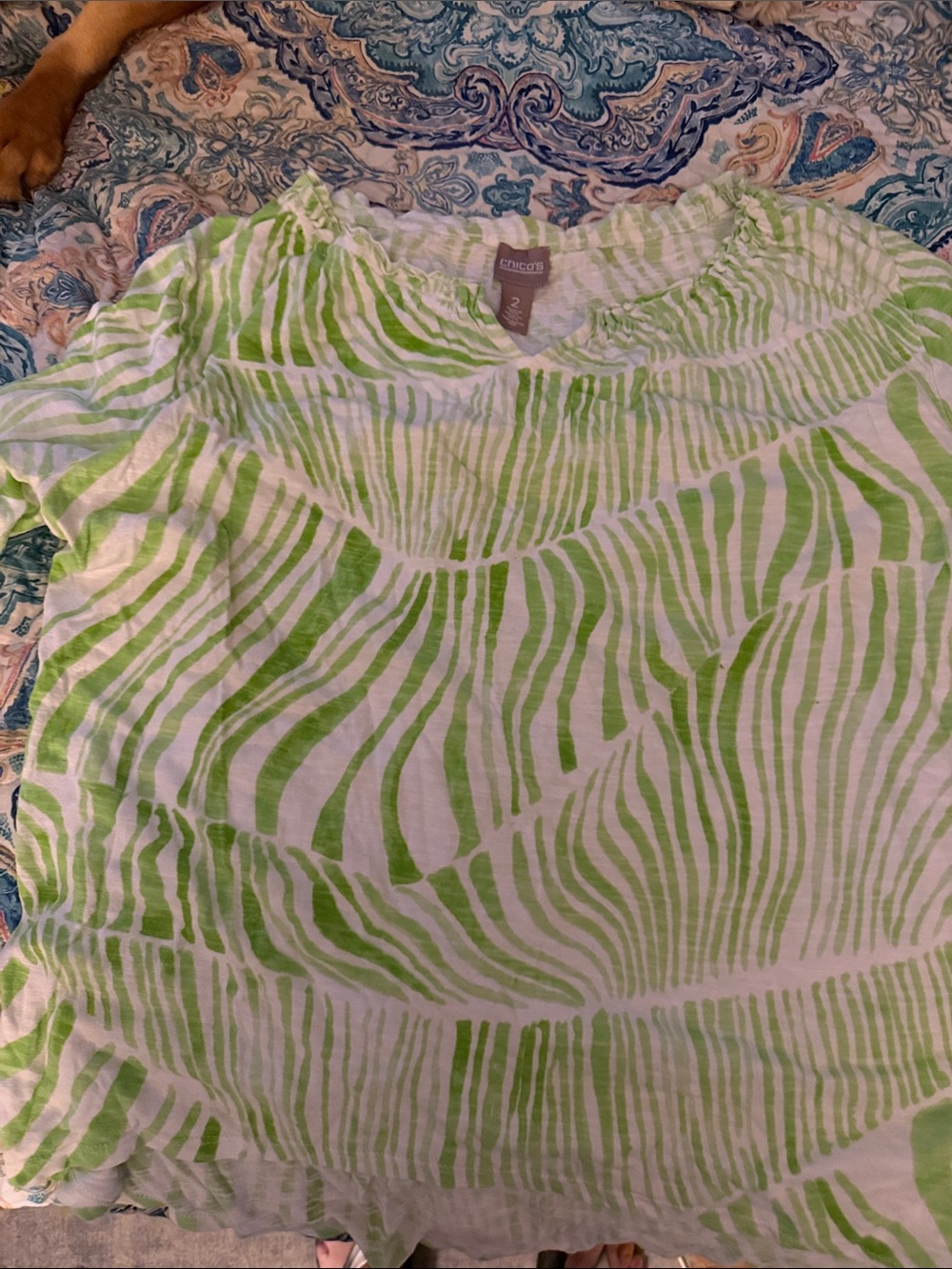 Chico's Lime Green & White Abstract Stripe Top